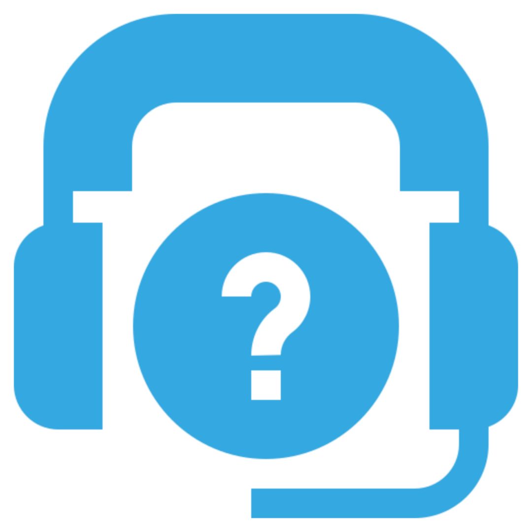 Blue headset with question mark icon.