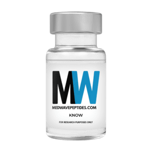 Glass vial labeled "Medwavepeptides.com" on black background.