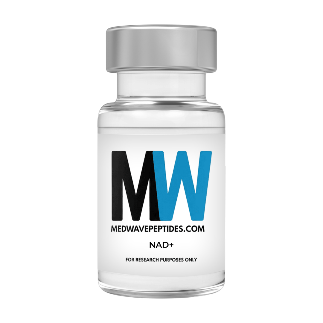 Clear vial labeled "Medwavepeptides NAD+ Supplement".