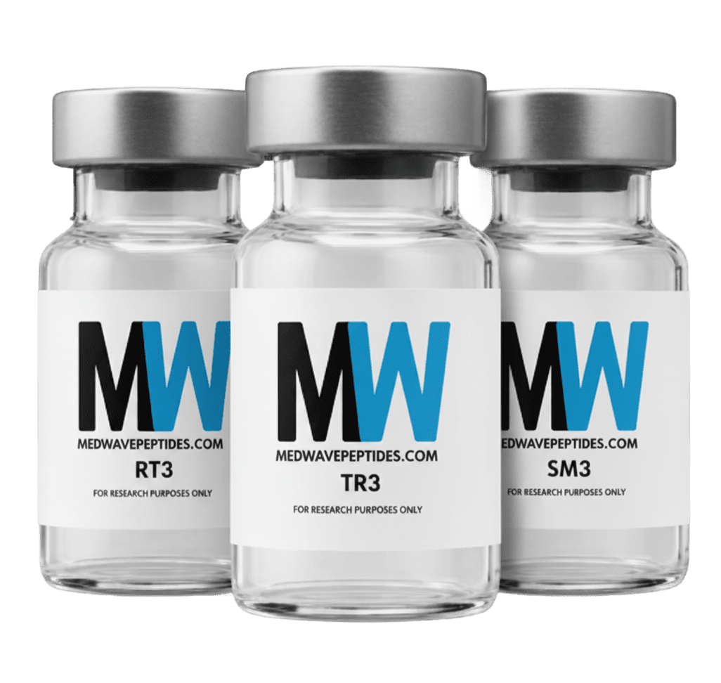 Three research vials labeled MW on black.